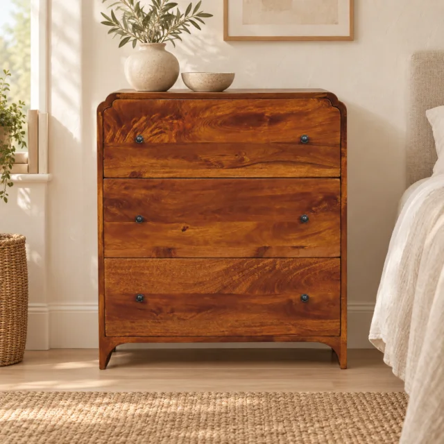 Norr Three-Drawer Chest — Chestnut — styled interior