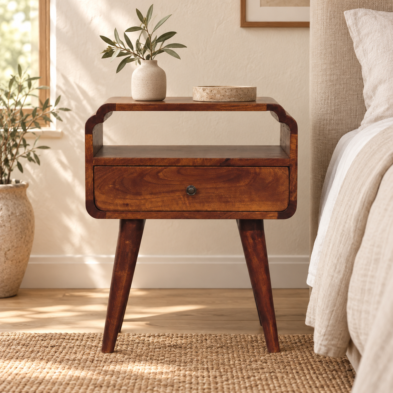 Norr Bedside — Chestnut · 45 × 55 cm — styled interior