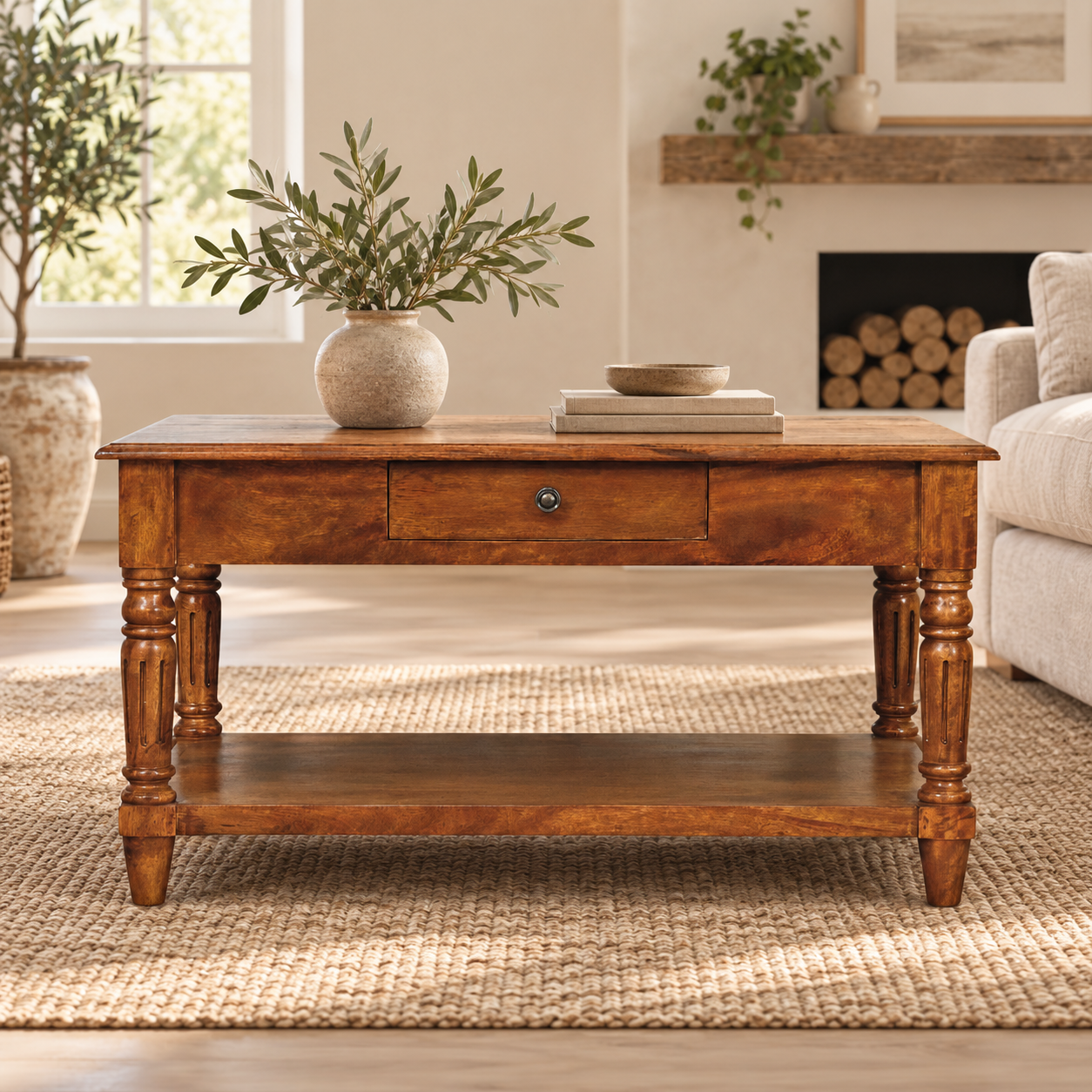 Forma Turned Legs Two-Drawer Coffee Table — Chestnut — styled interior