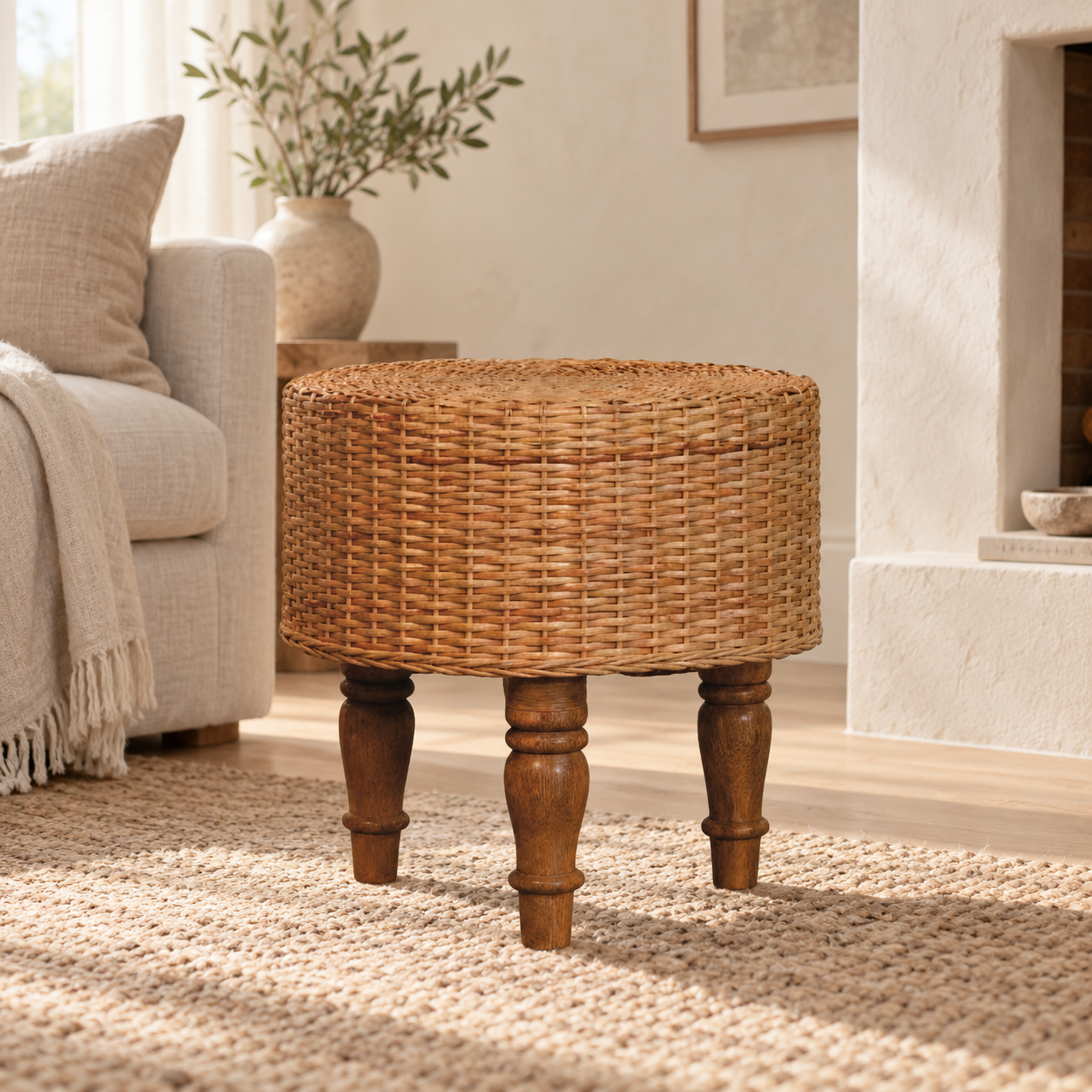 Regna Round Woven Stool — styled interior