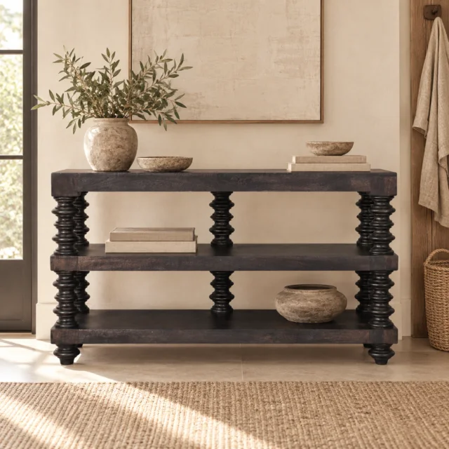 Spindle Shelf Console — Carbon Ash — styled interior