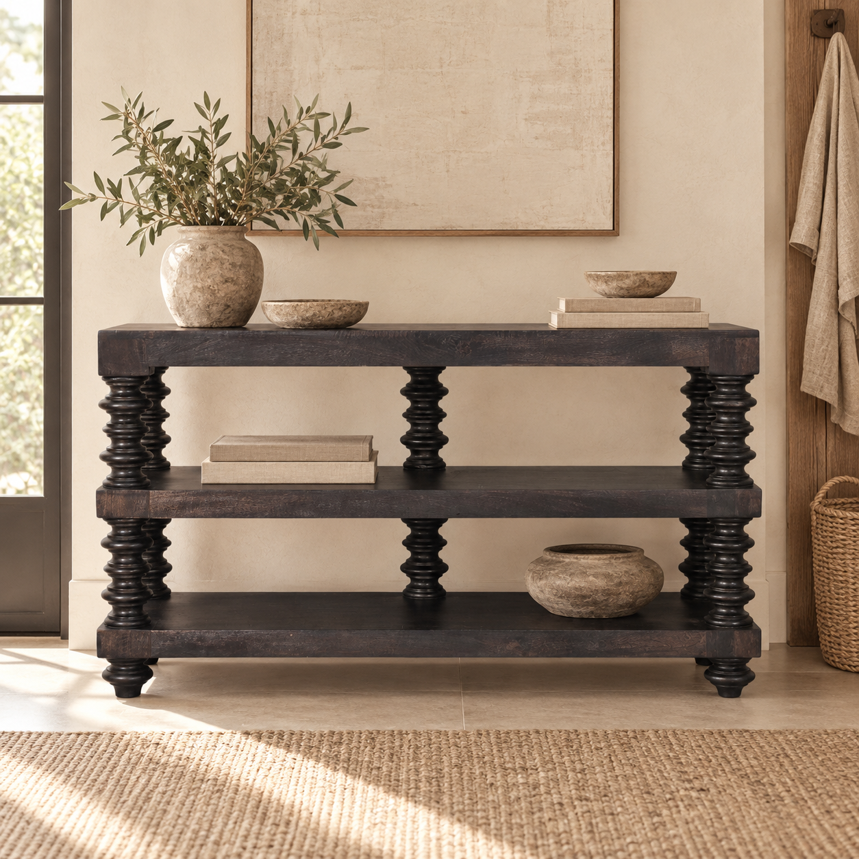 Spindle Shelf Console — Carbon Ash — styled interior