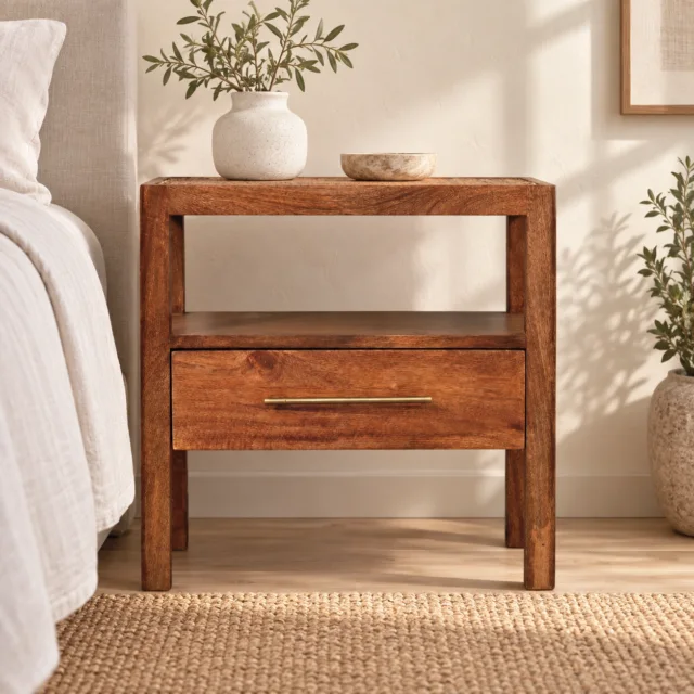 Saffron Rattan Bedside — Honey Caramel — styled interior