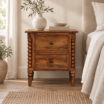 Spindle Harper Bedside — Amber Oak — styled interior