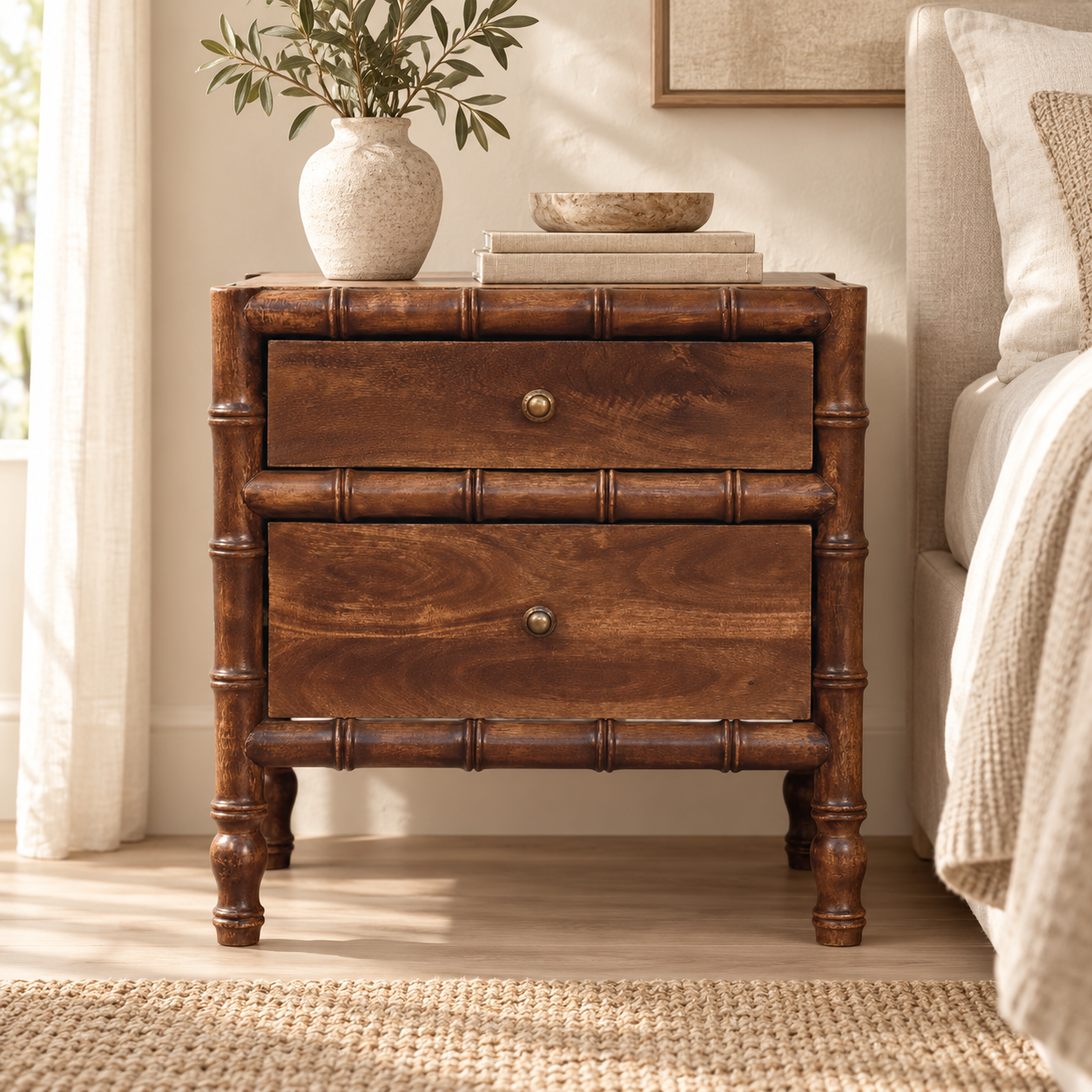 Bambu Frame Bedside — Roasted Almond — styled interior