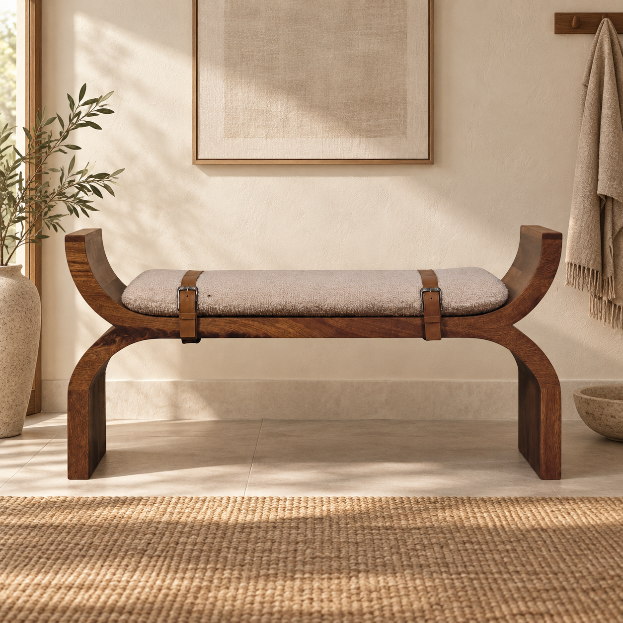 Lina Stirrup Curve Bench — Amber Oak — styled interior