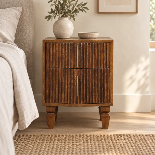 Lova Bedside Unit — Winewood Oak — styled interior