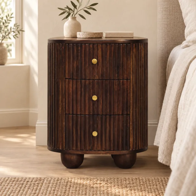 Lina Curved Fluted Three-Drawer Bedside — Velvet Mocha — styled interior