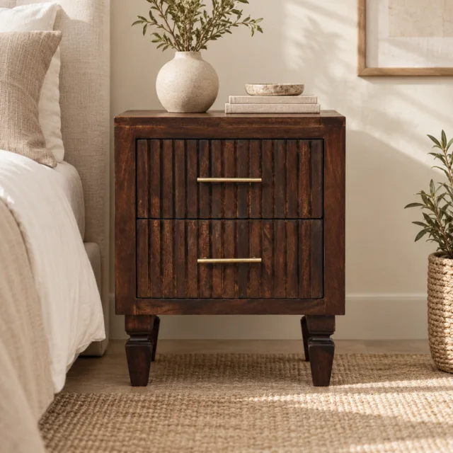 Berg Two-Drawer Bedside — Velvet Mocha — styled interior