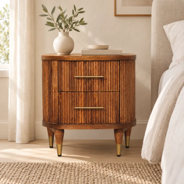 Forma Ribbed Bedside with Brass Accents — Amber Oak — styled interior