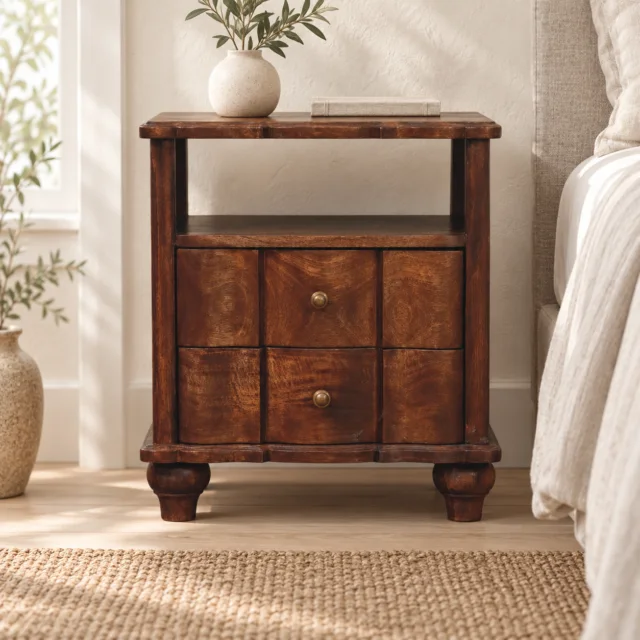 Lume Roasted Shelf Bedside Table — Roasted Almond — styled interior