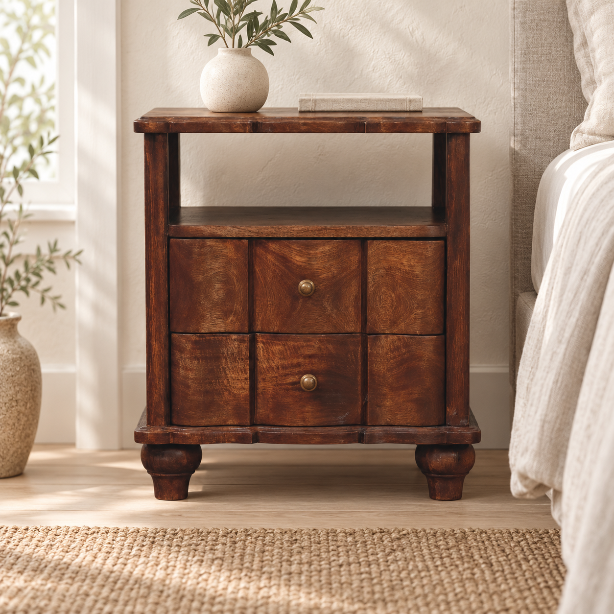 Lume Roasted Shelf Bedside Table — Roasted Almond in a styled interior