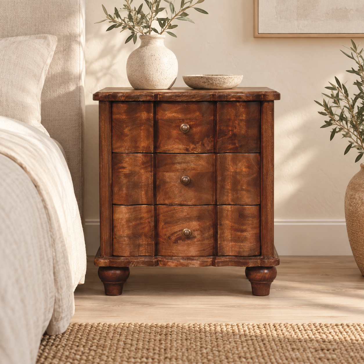 Lume Roasted Panelled Bedside — Roasted Almond — styled interior