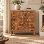 Klint Carved Block Cabinet — Golden Teak — styled interior
