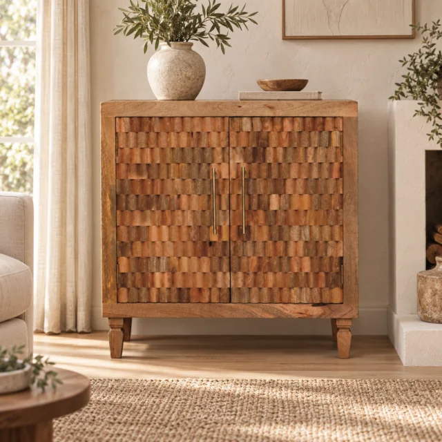 Klint Carved Block Cabinet — Golden Teak — styled interior