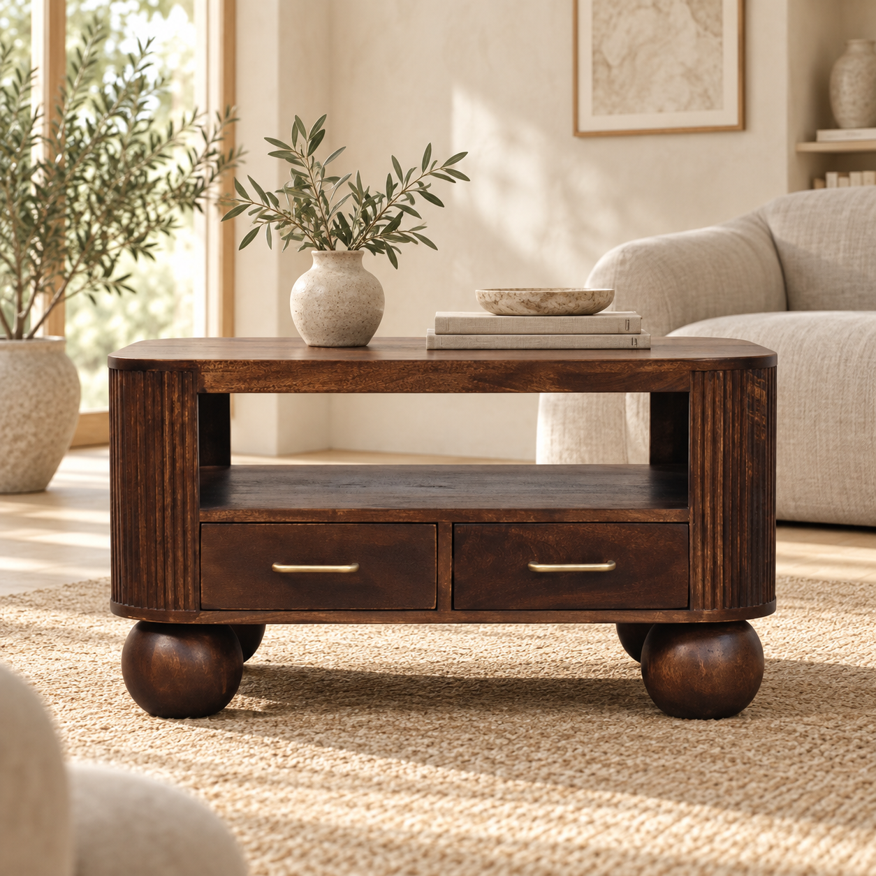 Forma Sphere Leg Coffee Table — California Walnut — styled interior