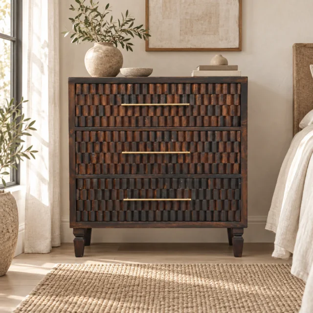 Klint Carved Drawer Chest — Velvet Mocha — styled interior