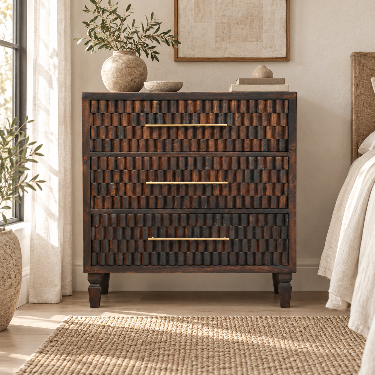 Klint Carved Drawer Chest — Velvet Mocha — styled interior