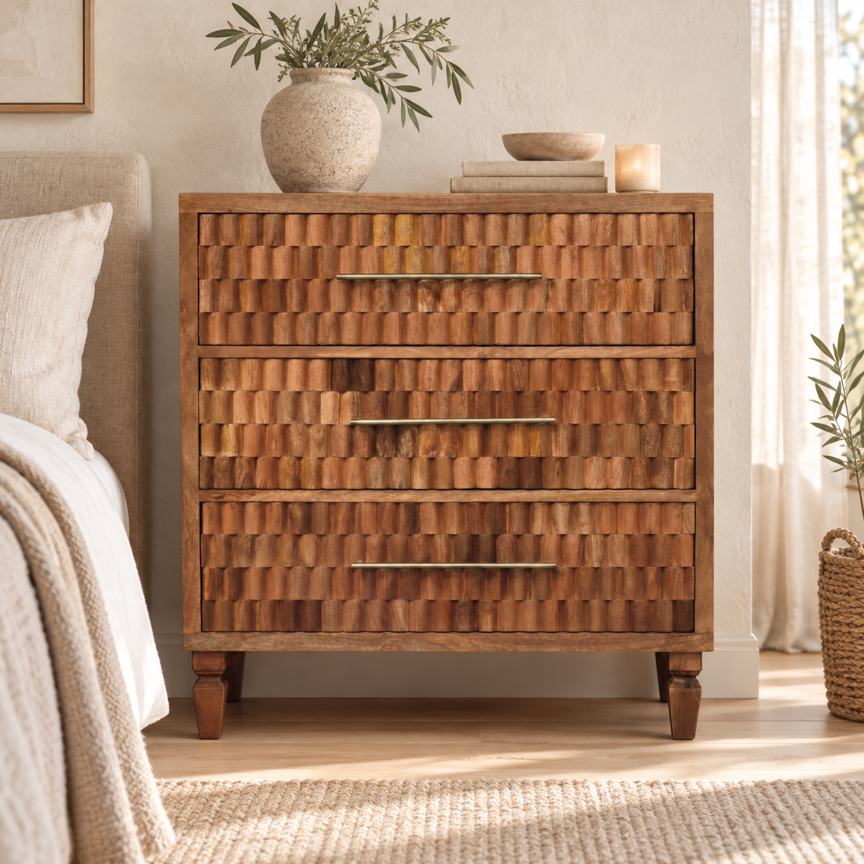 Klint Carved Storage Chest — Golden Teak — styled interior
