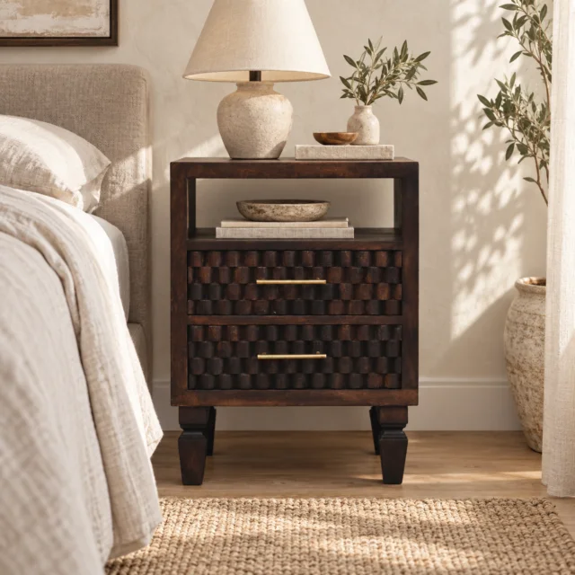 Klint Carved Bedside Table — Velvet Mocha — styled interior