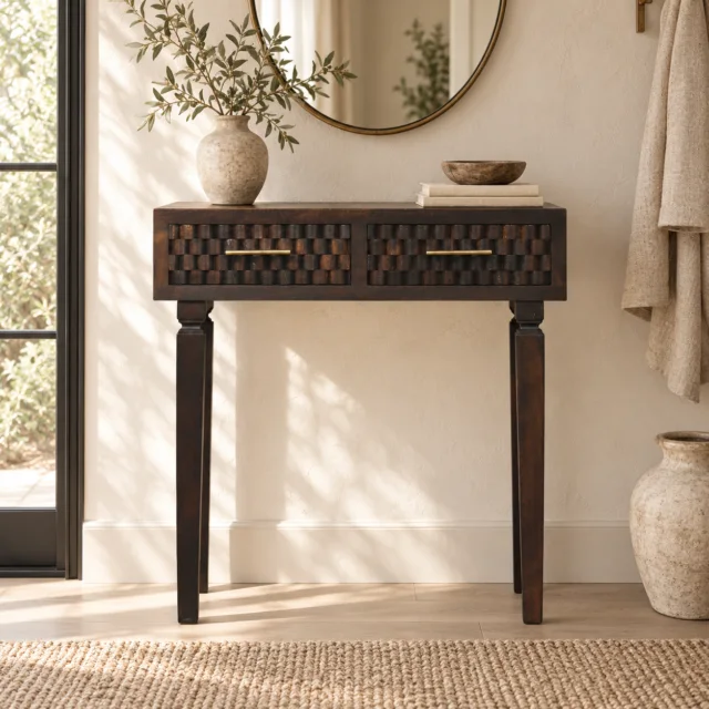 Klint Carved Slim Console — Velvet Mocha — styled interior