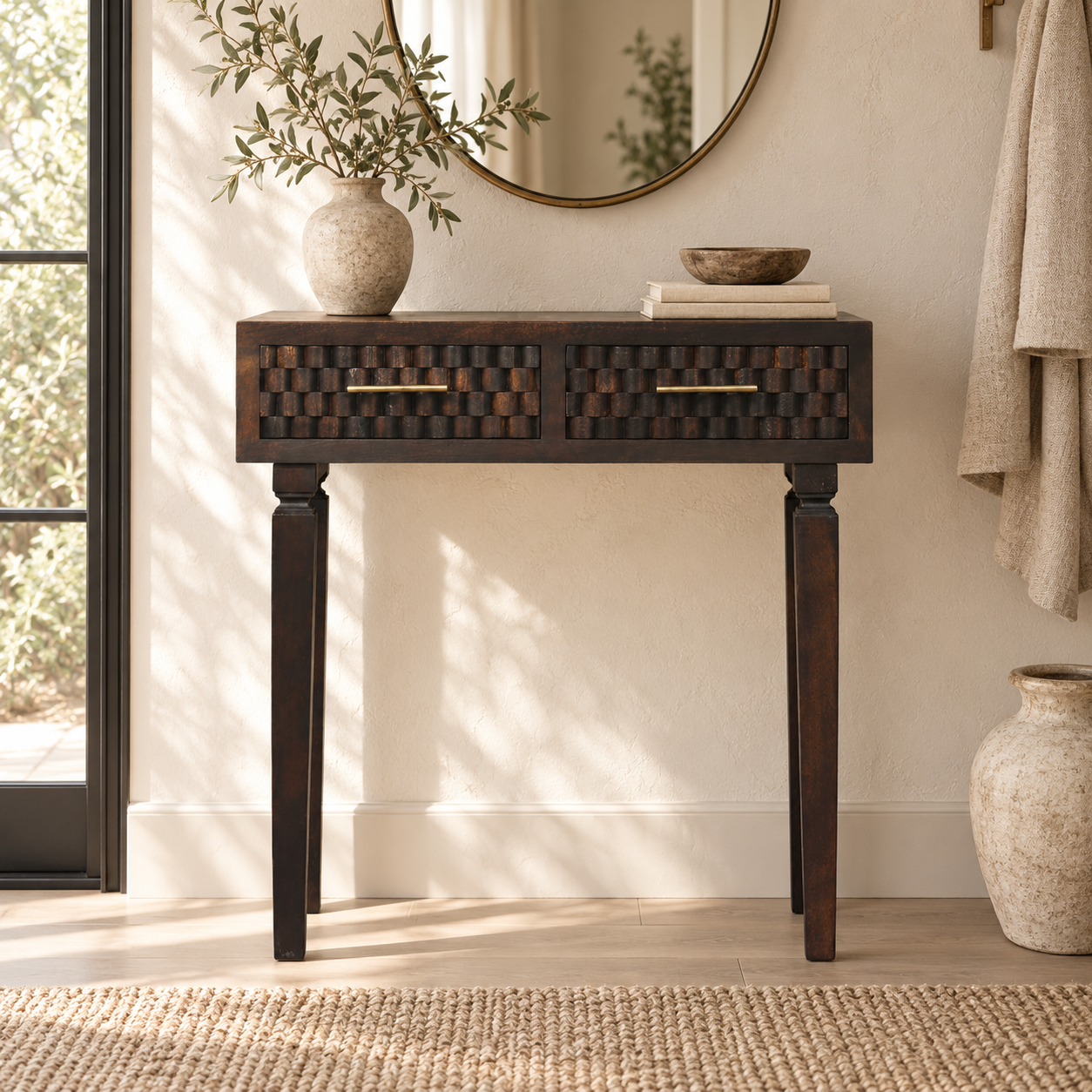 Klint Carved Slim Console — Velvet Mocha — styled interior
