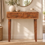 Klint Carved Twin-Drawer Console — Golden Teak — styled interior