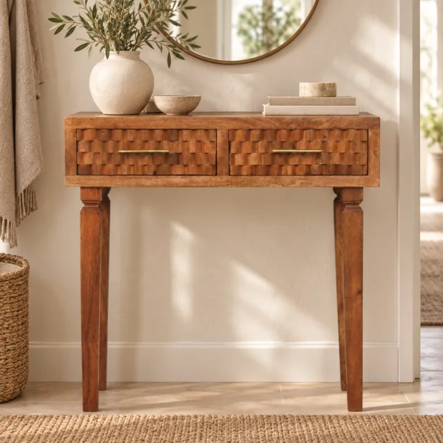 Klint Carved Twin-Drawer Console — Golden Teak — styled interior