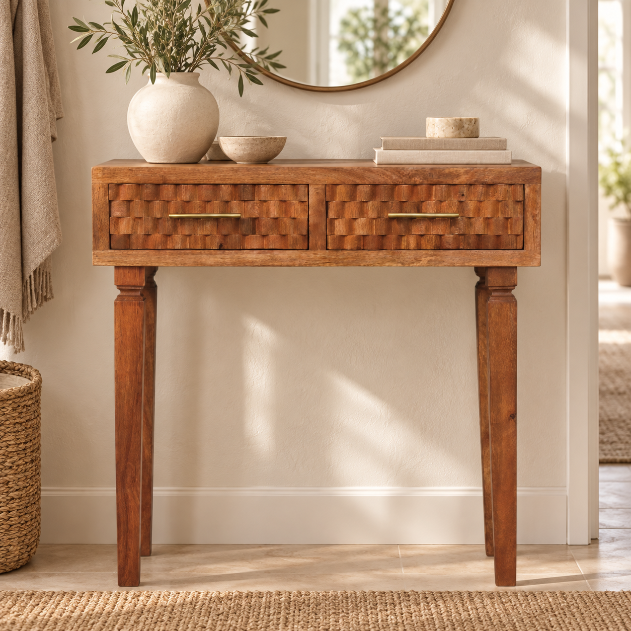 Klint Carved Twin-Drawer Console — Golden Teak in a styled interior
