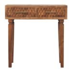 Klint Carved Twin-Drawer Console — Golden Teak — product photograph