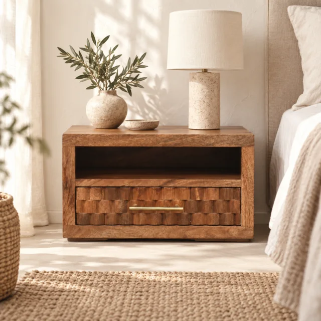 Klint Carved Slot-Drawer Bedside — Golden Teak — styled interior