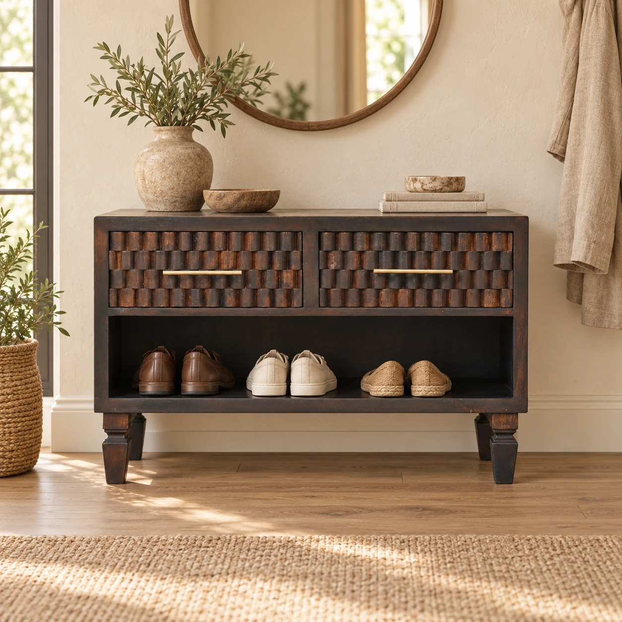 Cadiz Carved Shoe Bench — Mocha — styled interior