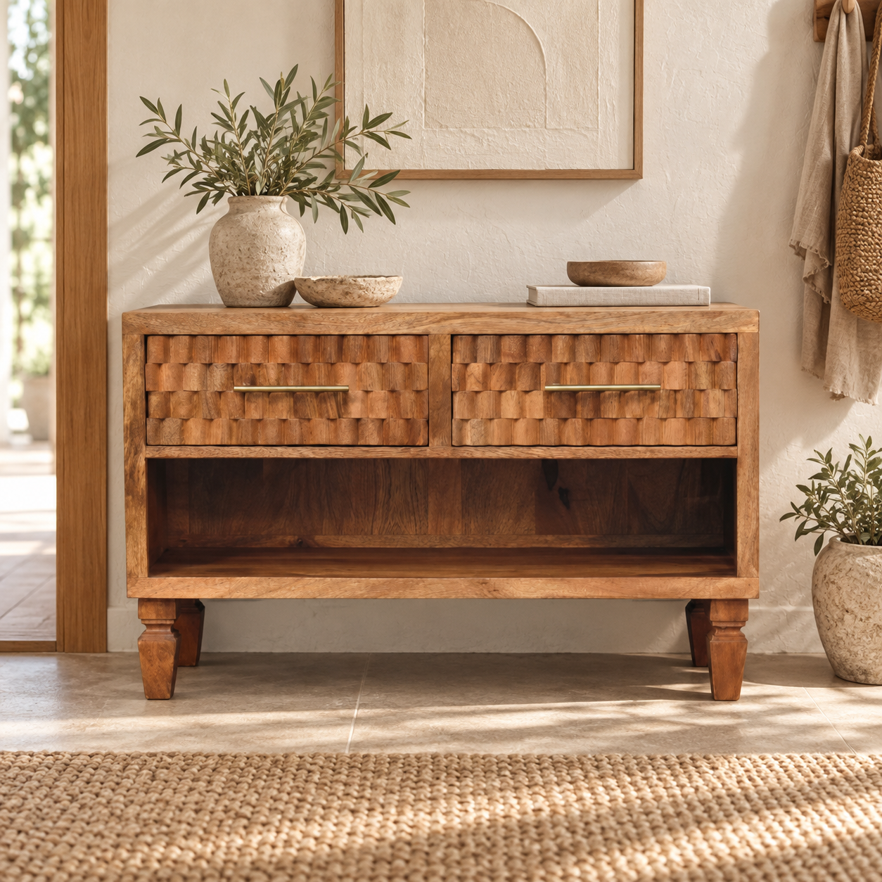 Klint Carved Entryway Shoe Cabinet — Golden Teak — styled interior