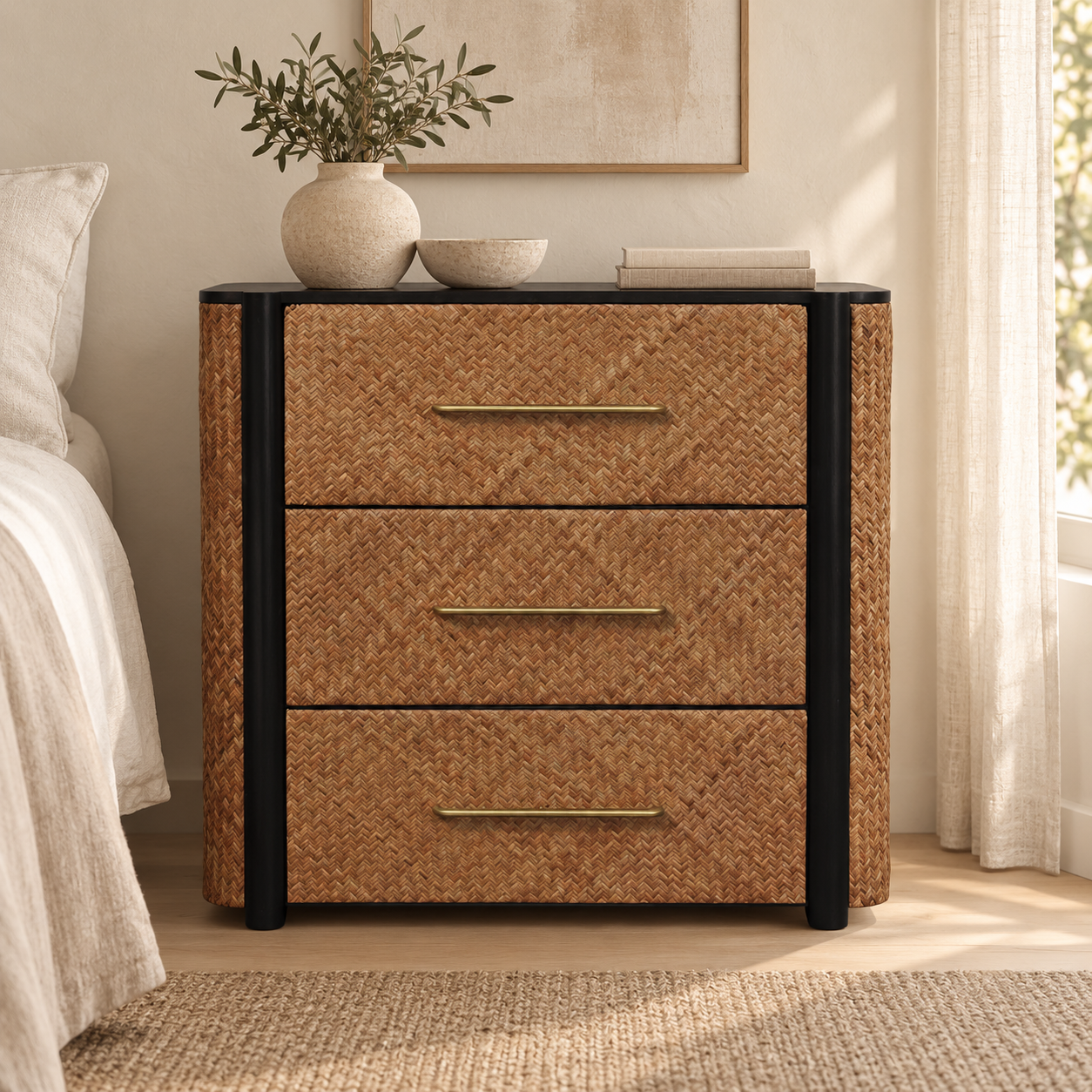 Haven Weave Three-Drawer Chest in a styled interior