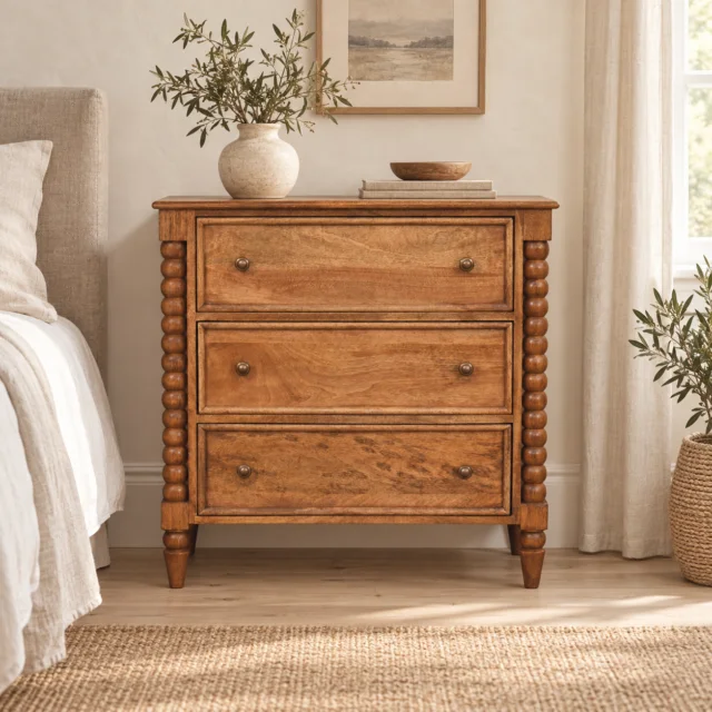 Spindle Chest of Drawers — Amber Oak — styled interior
