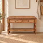 Spindle Leather Bench — Amber Oak — styled interior