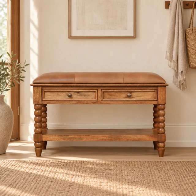 Spindle Leather Bench — Amber Oak — styled interior