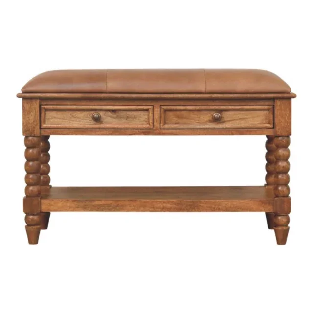 Spindle Leather Bench — Amber Oak — alternate view