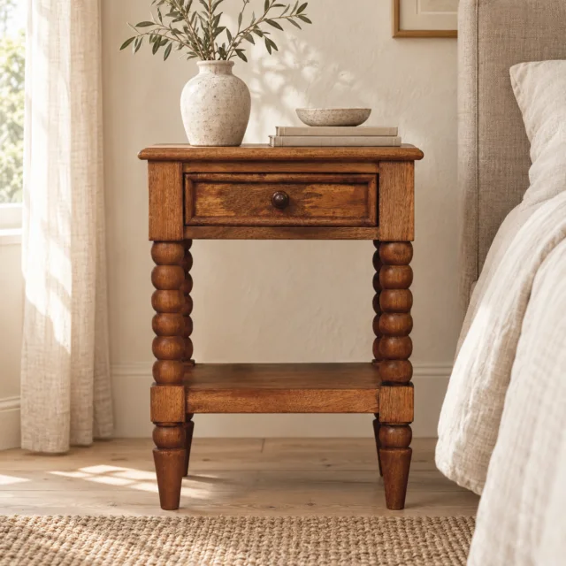 Spindle Bedside Table — Amber Oak — styled interior