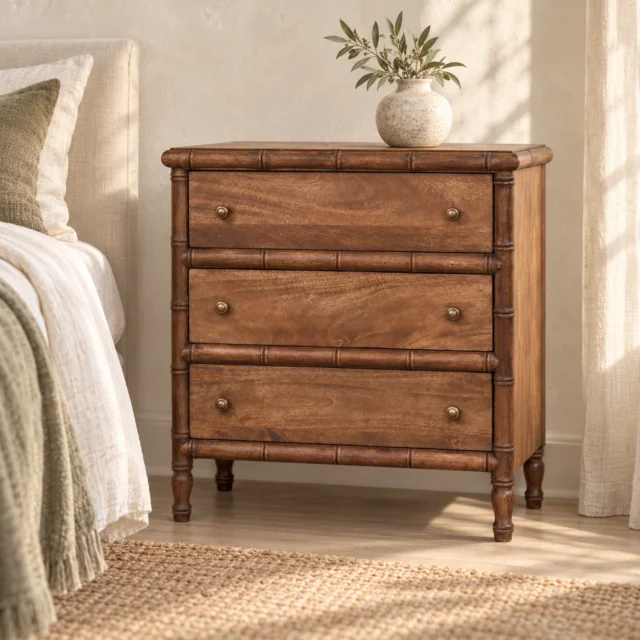 Bambu Carved Three-Drawer Chest — Roasted Almond — styled interior