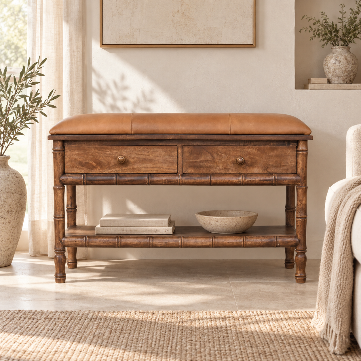 Bambu Carved Storage Bench — Roasted Almond — styled interior