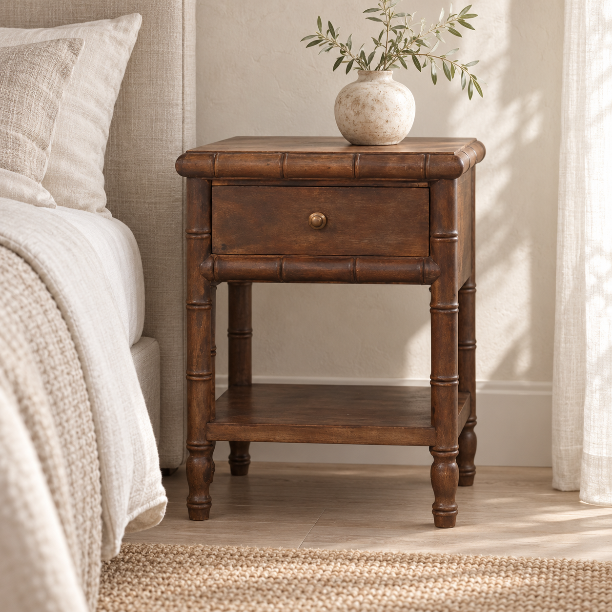 Bambu Carved Bedside Table — Roasted Almond — styled interior