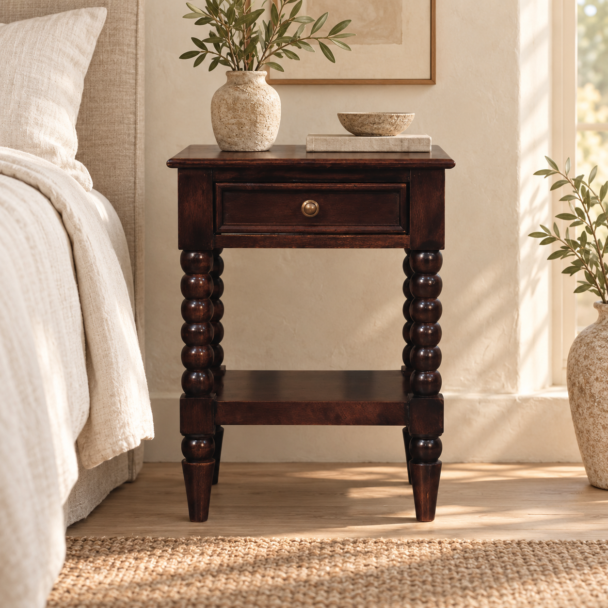 Spindle Bedside — Winewood Oak in a styled interior