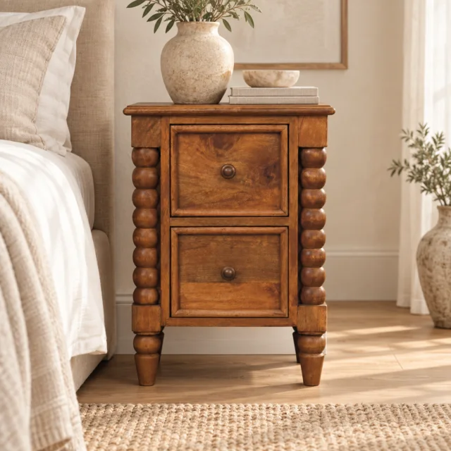 Forma Barley Twist Two-Drawer Bedside — Amber Oak — styled interior