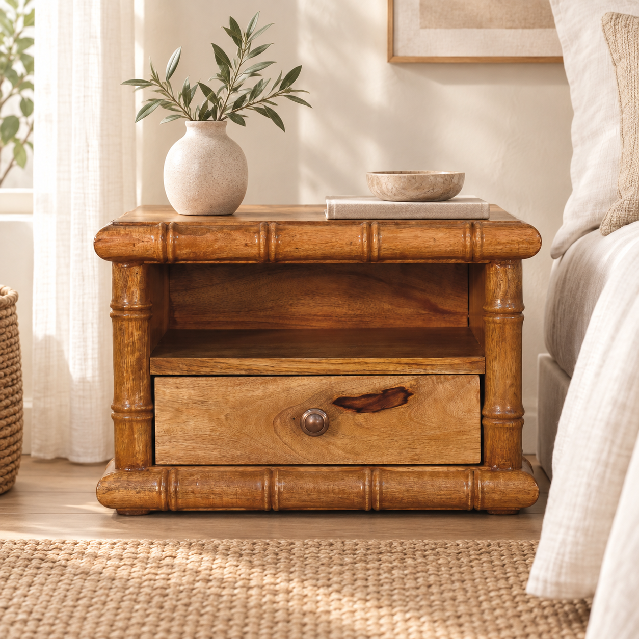 Bambu Open Bedside — Amber Oak — styled interior