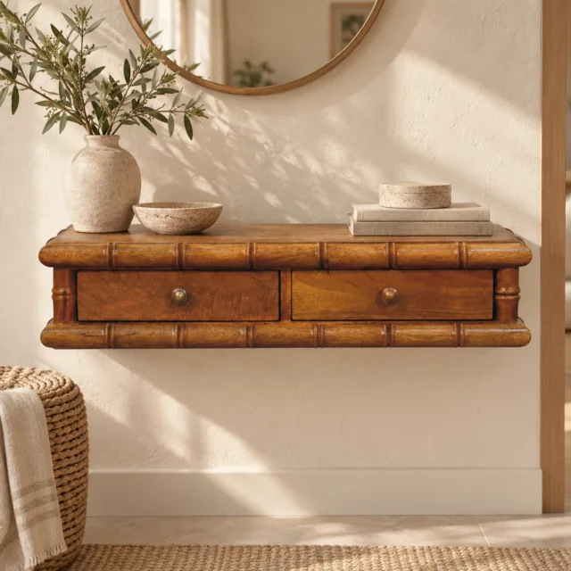 Bambu Wall-Mounted Console — Amber Oak — styled interior