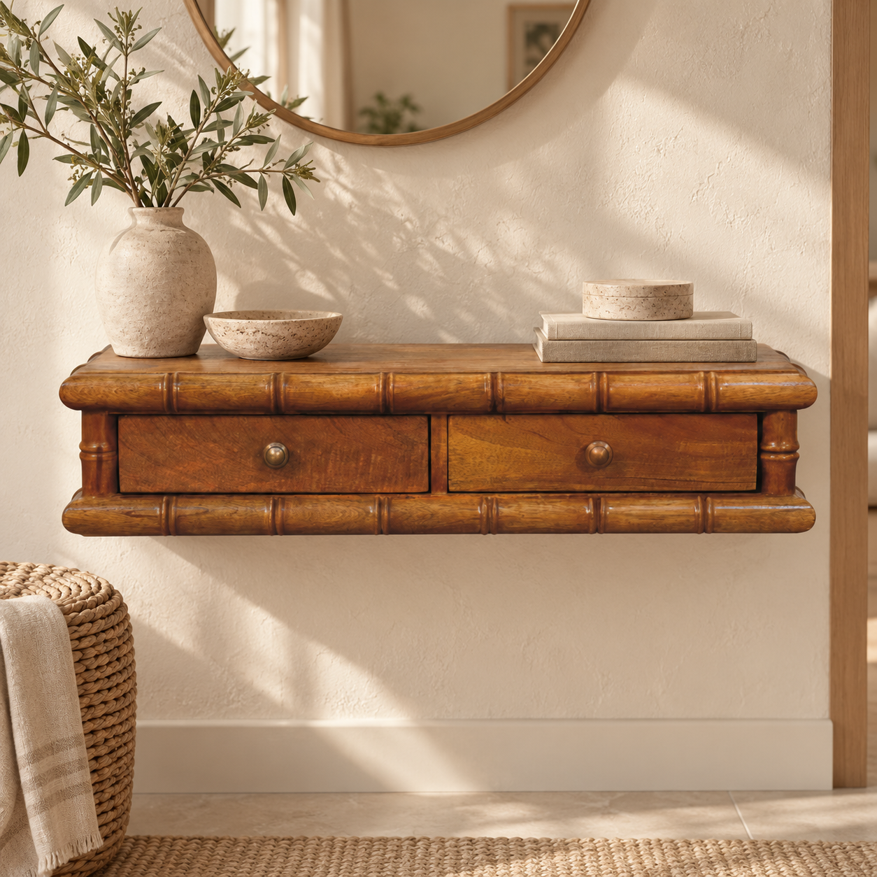 Bambu Wall-Mounted Console — Amber Oak in a styled interior