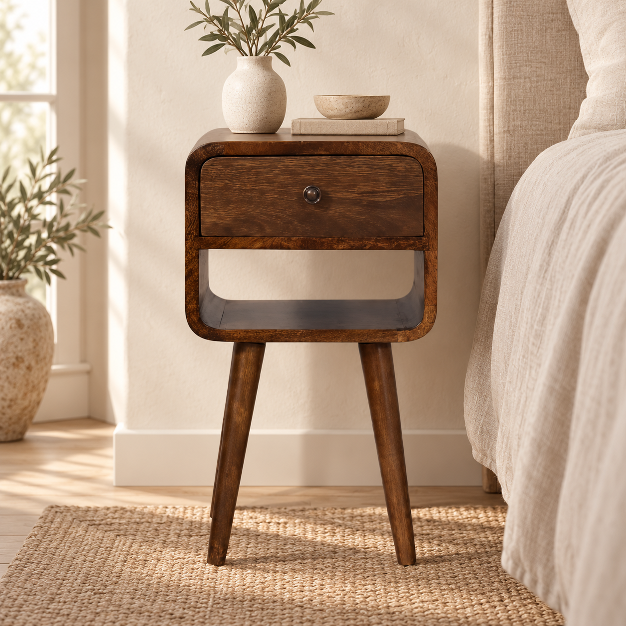 Lina Rounded Open Shelf Bedside — Classic Grey — styled interior