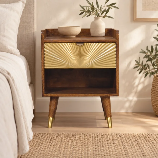 Forma Sunburst Brass Inlay Bedside — Classic Grey — styled interior