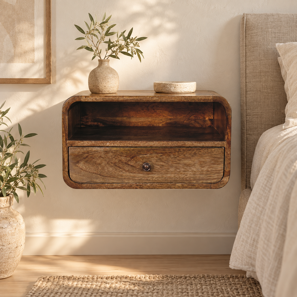 Forma Wall-Mount Open Slot Bedside — Classic Grey in a styled interior